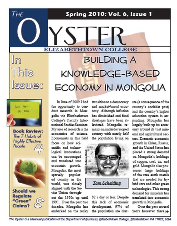 cover of the spring 2010 oyster publication from the etown business department