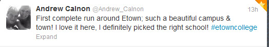 example tweet about student taking first run around campus; says he glad he picked E-town