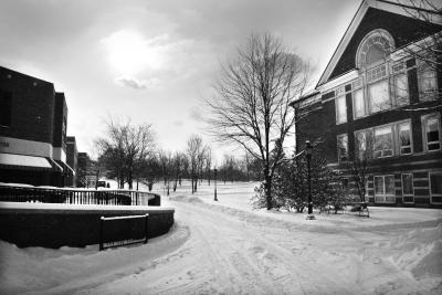 snowy campus path between library and student center gloomy day
